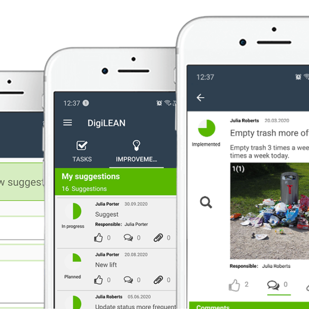 Three overlapping illustrations of the DigiLEAN mobile app on white smart phones