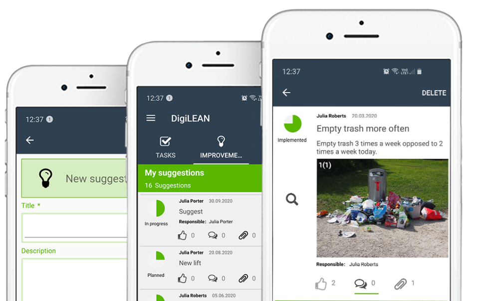 Three overlapping illustrations of the DigiLEAN mobile app on white smart phones