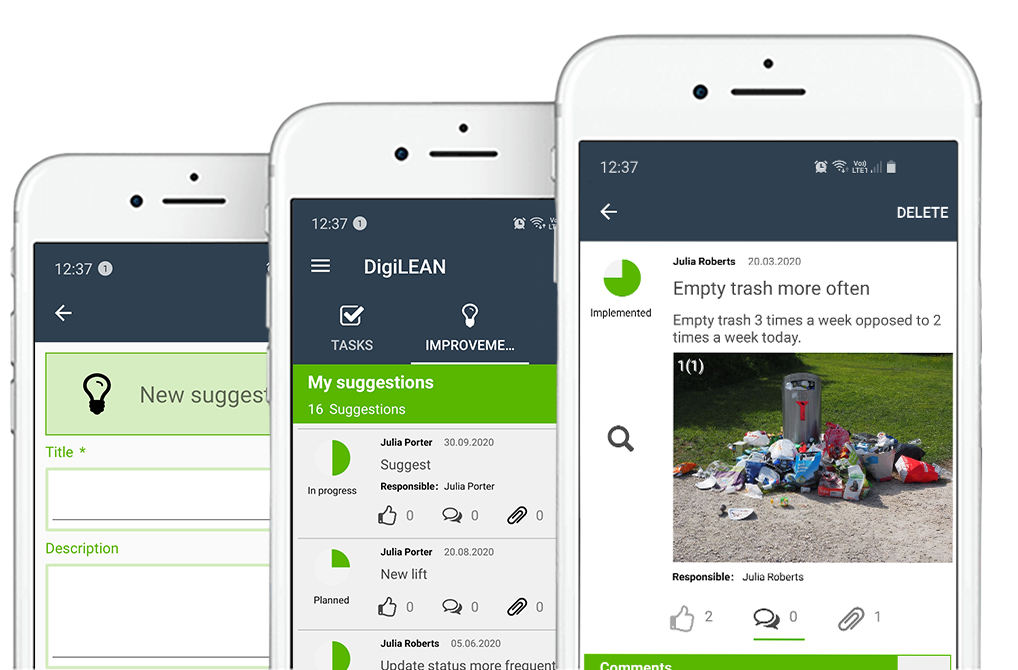 Three overlapping illustrations of the DigiLEAN mobile app on white smart phones