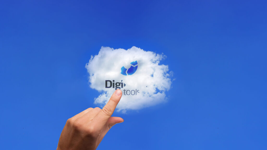 Single cloud on blue sky. The cloud has DigiLEAN logo embedded and a hand is about to touch the cloud