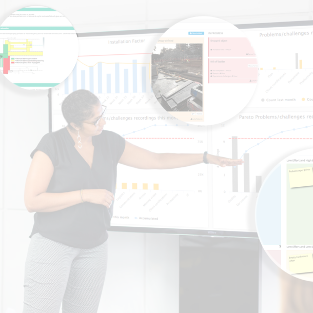 Woman presenting key figures for a team using DigiLEAN on a large touch screen