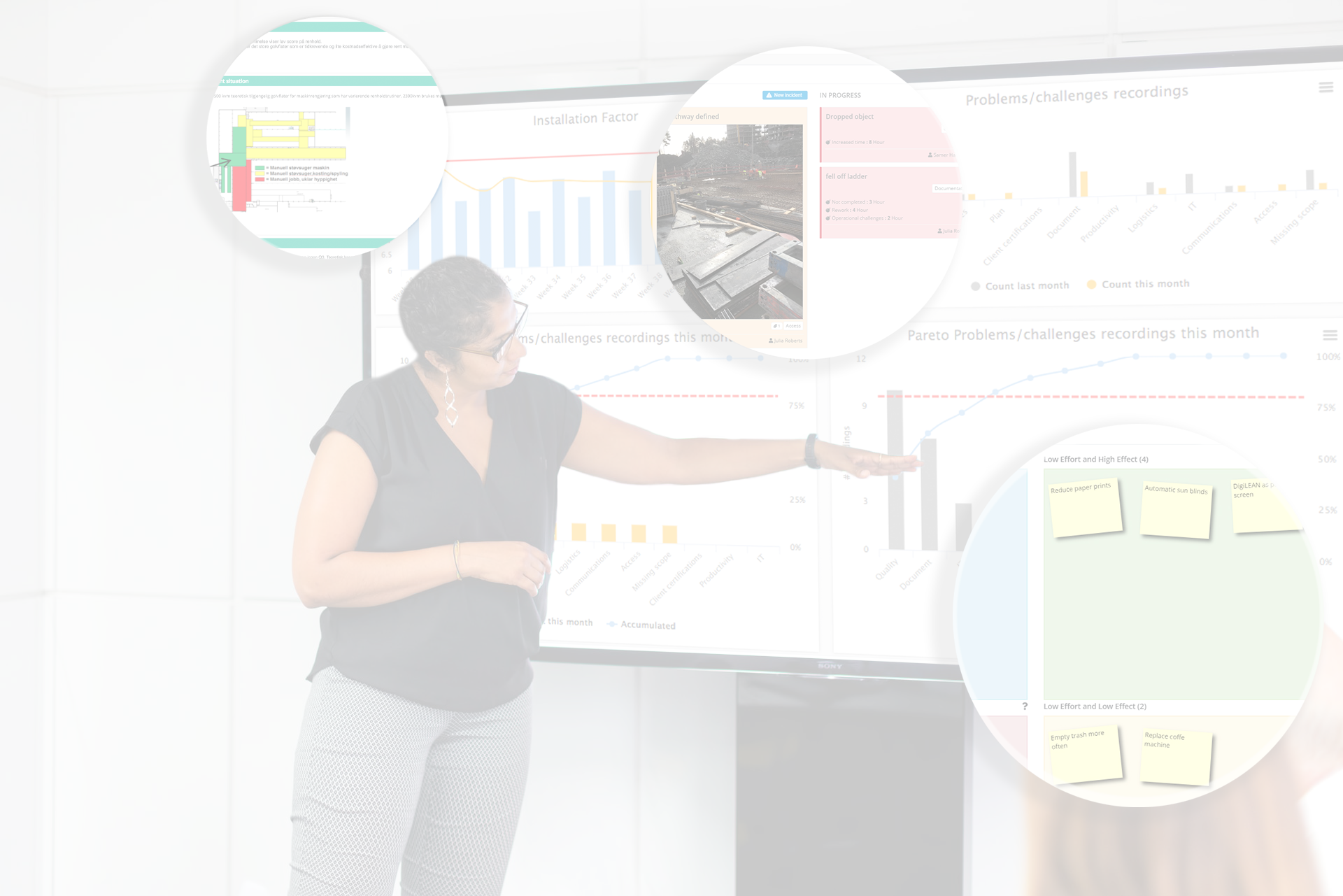 Woman presenting key figures for a team using DigiLEAN on a large touch screen