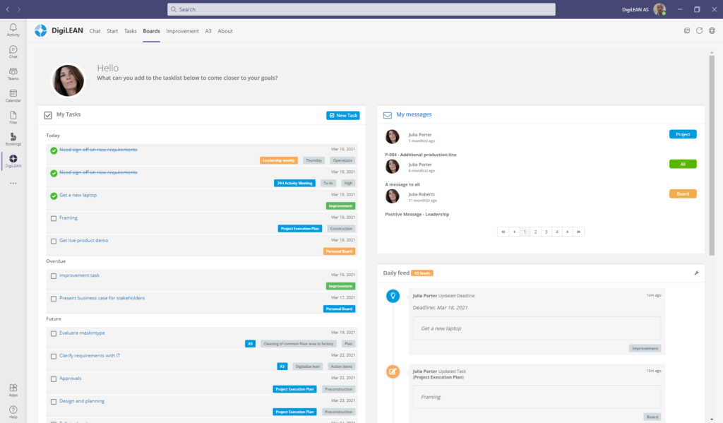 Personal Activity management with DigiLEAN in Microsoft Teams